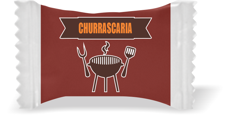 Balas de Brinde Modelo Churrasqueira Fundo Marrom Duras com Sabor de Frutas - Balinhas Personalizadas