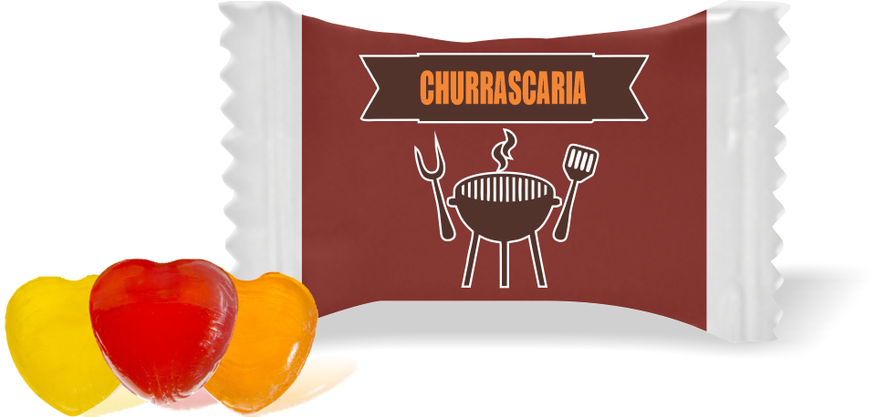 Balas de Brinde Modelo Churrasqueira Fundo Marrom Duras com Sabor de Frutas - Balinhas Personalizadas