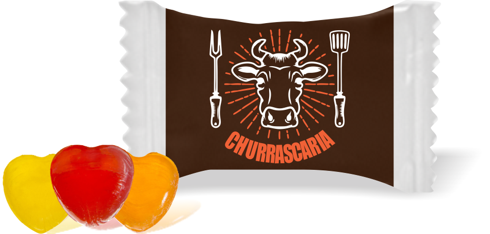 Balas de Brinde Modelo Touro Fundo Marrom Duras com Sabor de Frutas - Balinhas Personalizadas