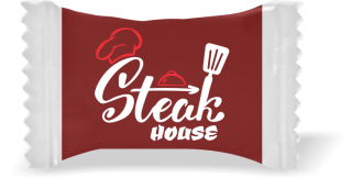 Balas de Brinde Modelo Steak House Fundo Marrom Duras com Sabor de Frutas - Balinhas Personalizadas