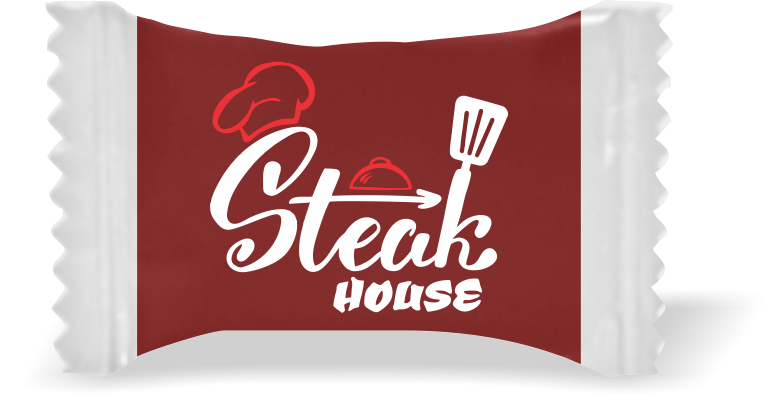 Balas de Brinde Modelo Steak House Fundo Marrom Duras com Sabor de Frutas - Balinhas Personalizadas
