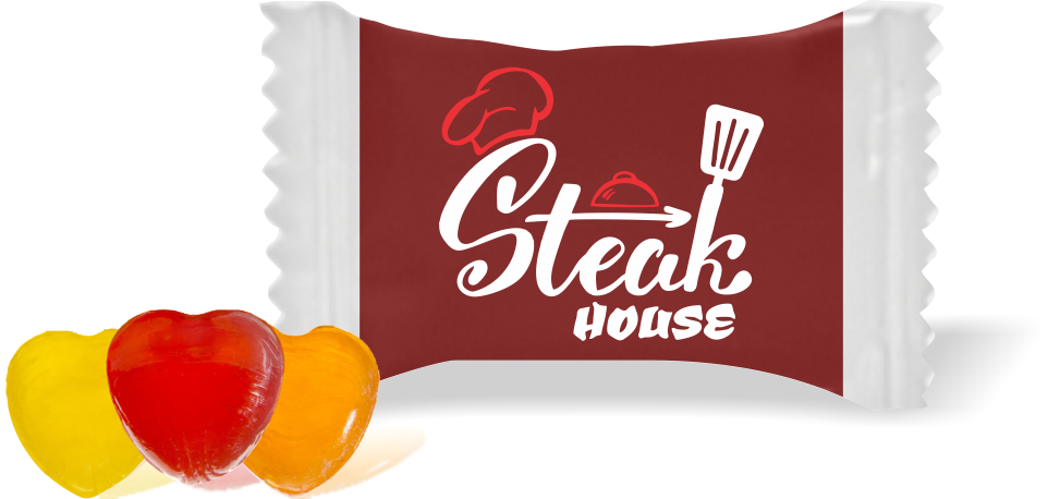 Balas de Brinde Modelo Steak House Fundo Marrom Duras com Sabor de Frutas - Balinhas Personalizadas