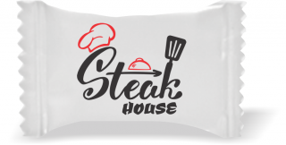 Balas de Brinde Modelo Steak House Fundo Branco Duras com Sabor de Frutas - Balinhas Personalizadas
