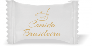 Balas de Brinde Modelo Panela Concha Fundo Branco Duras com Sabor de Frutas - Balinhas Personalizadas