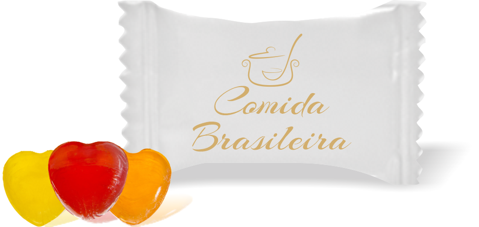 Balas de Brinde Modelo Panela Concha Fundo Branco Duras com Sabor de Frutas - Balinhas Personalizadas