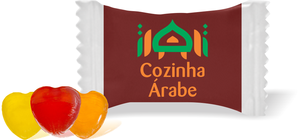 Balas de Brinde Modelo Símbolo Fundo Marrom Duras com Sabor de Frutas - Balinhas Personalizadas