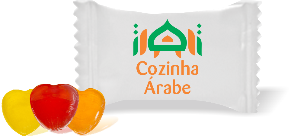 Balas de Brinde Modelo Símbolo Fundo Branco Duras com Sabor de Frutas - Balinhas Personalizadas