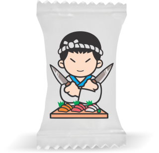 Balas de Brinde Modelo Japones Fundo Branco Duras com Sabor de Frutas - Balinhas Personalizadas