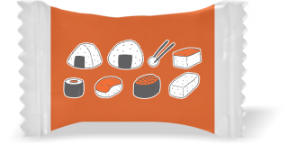 Balas de Brinde Modelo Sushi Fundo Laranja Duras com Sabor de Frutas - Balinhas Personalizadas