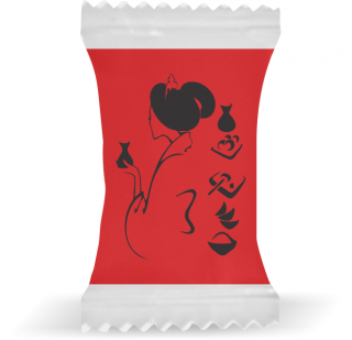 Balas de Brinde Modelo Japonesa Fundo Vermelho Duras com Sabor de Frutas - Balinhas Personalizadas