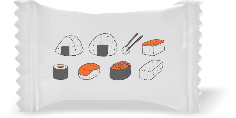 Balas de Brinde Modelo Sushi Fundo Branco Duras com Sabor de Frutas - Balinhas Personalizadas