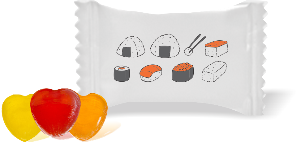 Balas de Brinde Modelo Sushi Fundo Branco Duras com Sabor de Frutas - Balinhas Personalizadas