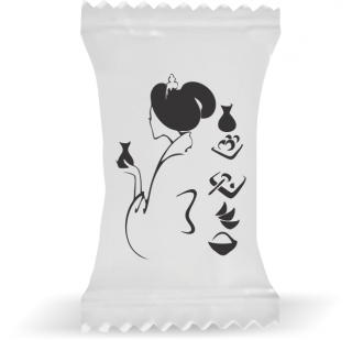 Balas de Brinde Modelo Japonesa Fundo Branco Duras com Sabor de Frutas - Balinhas Personalizadas