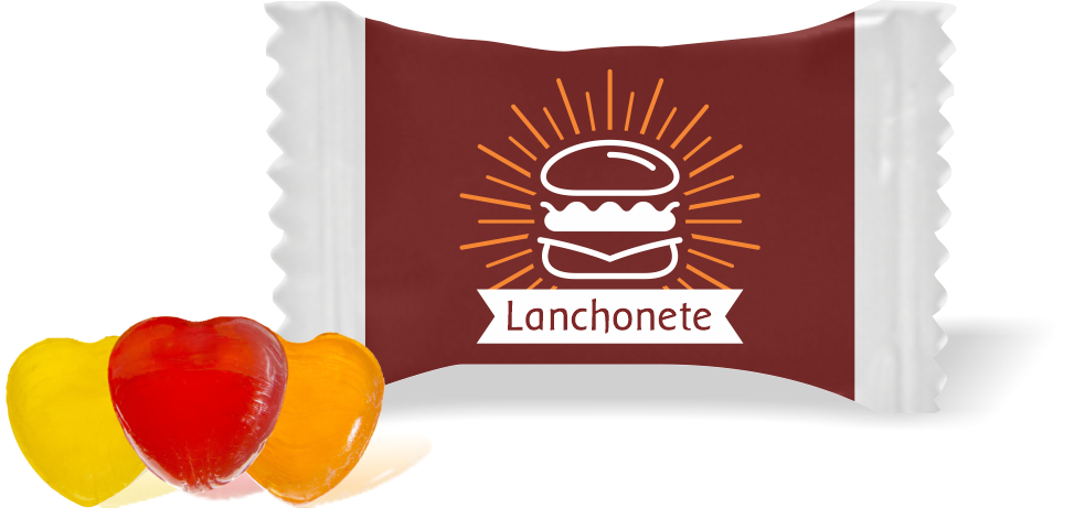 Balas de Brinde Modelo Hamburger Fundo Marrom Duras com Sabor de Frutas - Balinhas Personalizadas