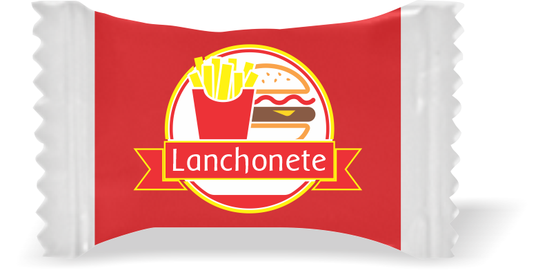 Balas de Brinde Modelo Hamburger com Batata Fundo Vermelho Duras com Sabor de Frutas - Balinhas Personalizadas
