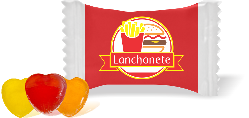 Balas de Brinde Modelo Hamburger com Batata Fundo Vermelho Duras com Sabor de Frutas - Balinhas Personalizadas