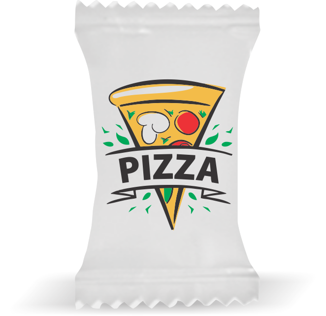 Balas de Brinde Modelo Fatia Pizza Fundo Branco Duras com Sabor de Frutas - Balinhas Personalizadas