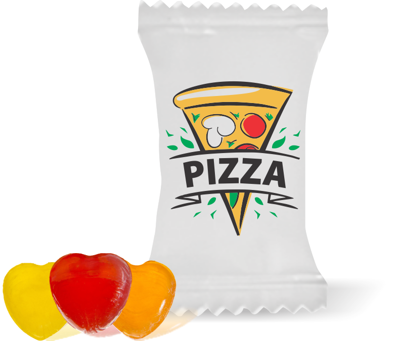 Balas de Brinde Modelo Fatia Pizza Fundo Branco Duras com Sabor de Frutas - Balinhas Personalizadas