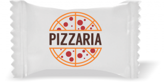 Balas de Brinde Modelo Redonda Pizzaria Fundo Branco Duras com Sabor de Frutas - Balinhas Personalizadas