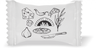 Balas de Brinde Modelo Ingredientes Pizza Fundo Branco Duras com Sabor de Frutas - Balinhas Personalizadas