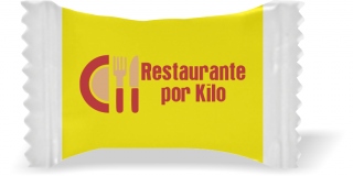 Balas de Brinde Modelo Prato e Talheres  Fundo Amarelo Duras com Sabor de Frutas - Balinhas Personalizadas