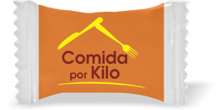 Balas de Brinde Modelo Talheres  Fundo Laranja Duras com Sabor de Frutas - Balinhas Personalizadas
