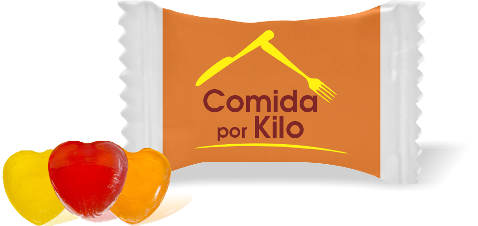 Balas de Brinde Modelo Talheres  Fundo Laranja Duras com Sabor de Frutas - Balinhas Personalizadas
