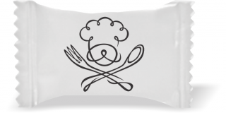 Balas de Brinde Modelo Talheres Cuzados Fundo Branco Duras com Sabor de Frutas - Balinhas Personalizadas