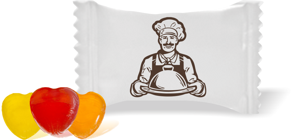 Balas de Brinde Modelo Cozinheiro Fundo Branco Duras com Sabor de Frutas - Balinhas Personalizadas
