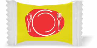 Balas de Brinde Modelo Prato Com Talheres Fundo Amarelo Duras com Sabor de Frutas - Balinhas Personalizadas
