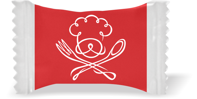 Balas de Brinde Modelo Talheres Cuzados Fundo Vermelho Duras com Sabor de Frutas - Balinhas Personalizadas