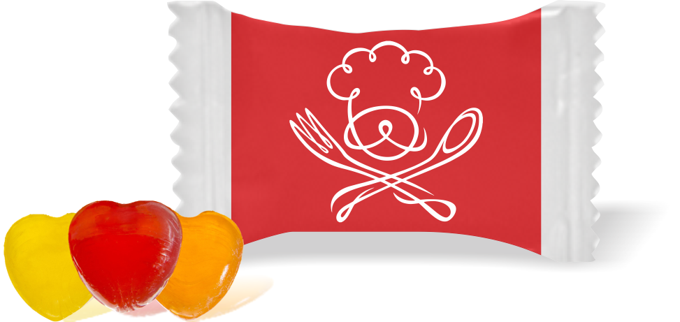 Balas de Brinde Modelo Talheres Cuzados Fundo Vermelho Duras com Sabor de Frutas - Balinhas Personalizadas