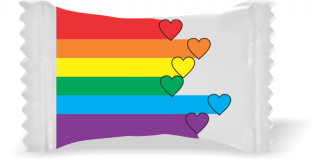 Balas de Brinde Modelo Corações Coloridos Fundo Branco Duras com Sabor de Frutas - Balinhas Personalizadas
