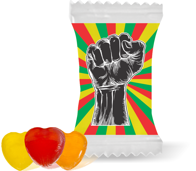 Balas de Brinde Modelo Punho Fundo Colorido Duras com Sabor de Frutas - Balinhas Personalizadas