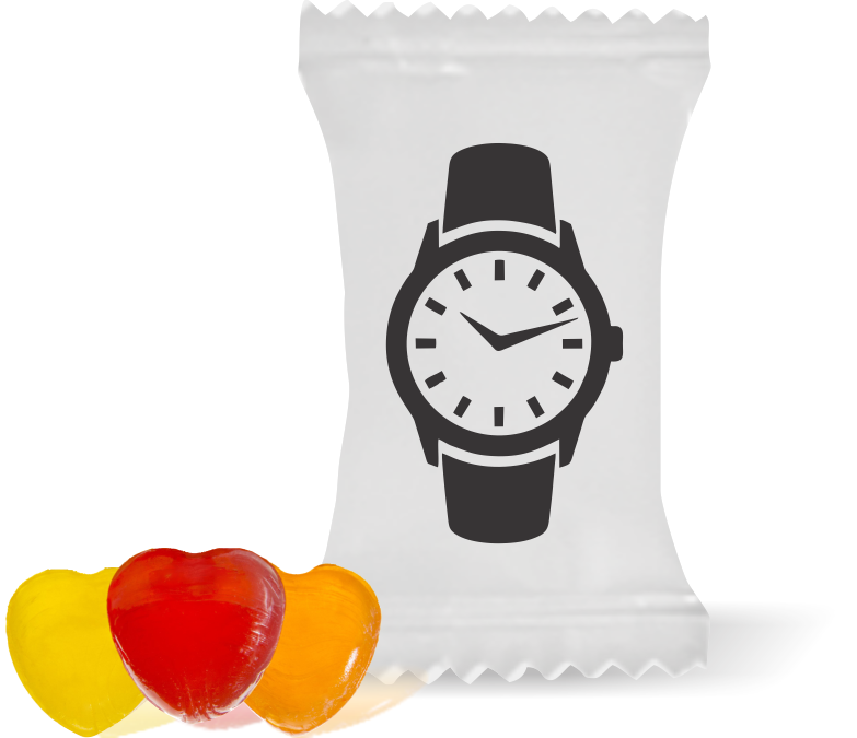 Balas de Brinde Modelo Relógio Fundo Branco Duras com Sabor de Frutas - Balinhas Personalizadas