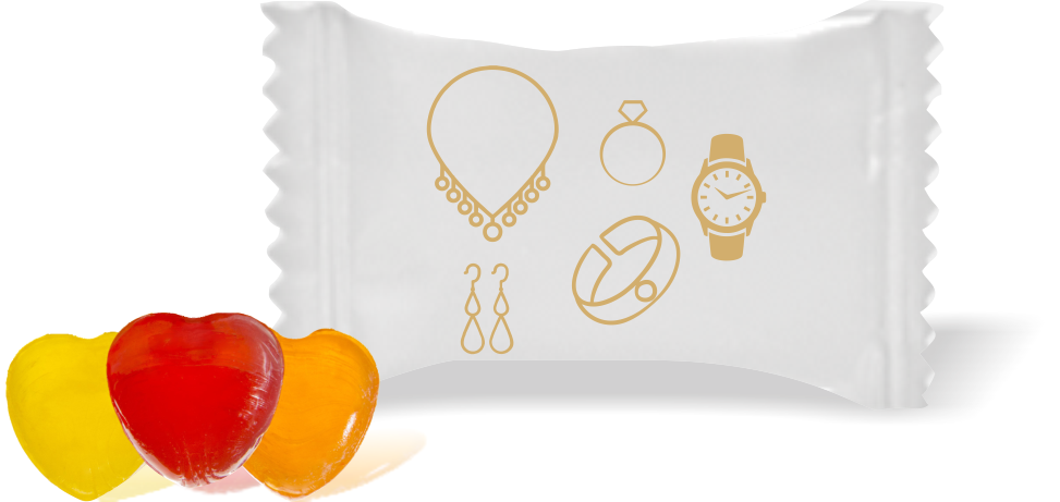 Balas de Brinde Modelo Acessórios Fundo Branco Duras com Sabor de Frutas - Balinhas Personalizadas