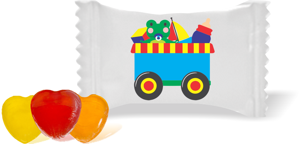 Balas de Brinde Modelo Carrinho de Brinquedo Fundo Branco Duras com Sabor de Frutas - Balinhas Personalizadas