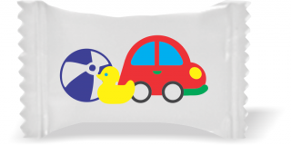 Balas de Brinde Modelo Carro e Bola Fundo Branco Duras com Sabor de Frutas - Balinhas Personalizadas