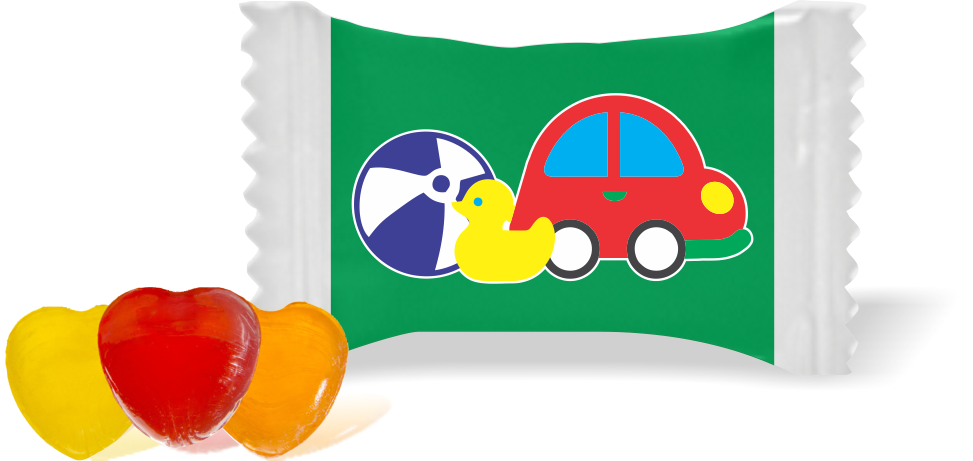 Balas de Brinde Modelo Carro e Bola Fundo Verde Duras com Sabor de Frutas - Balinhas Personalizadas