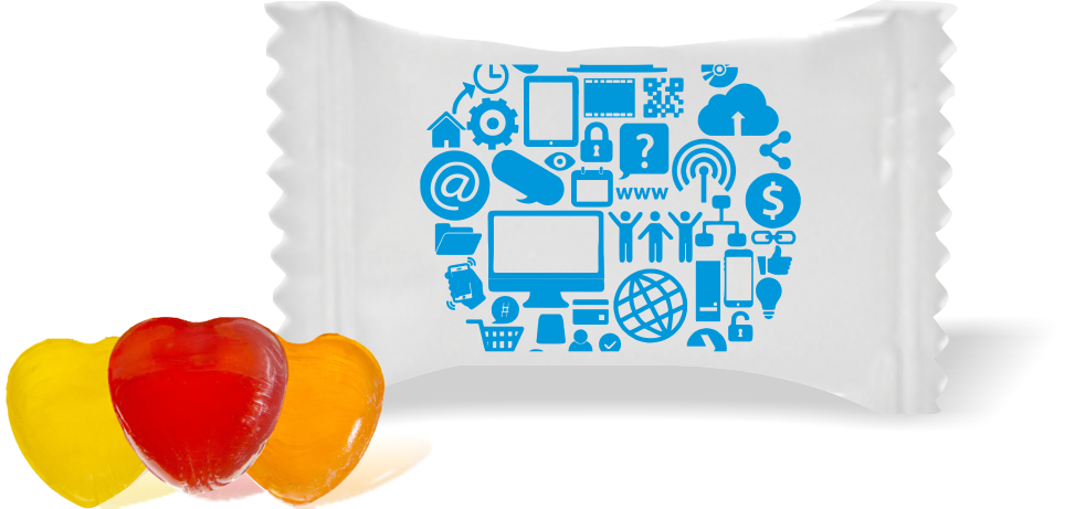 Balas de Brinde Modelo Diversos Periféricos Fundo Branco Duras com Sabor de Frutas - Balinhas Personalizadas