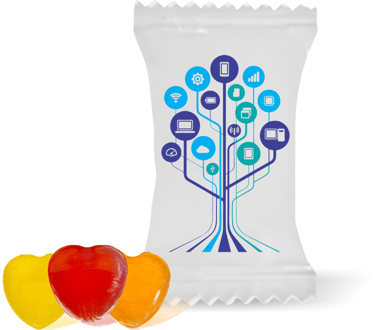 Balas de Brinde Modelo Árvore Fundo Branco Duras com Sabor de Frutas - Balinhas Personalizadas