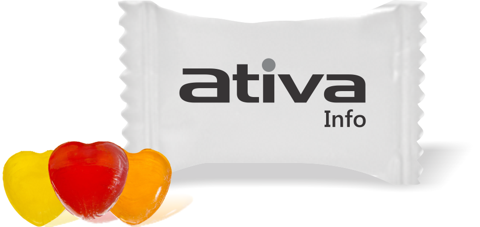 Balas de Brinde Ativa Info Duras com Sabor de Frutas - Balinhas Personalizadas
