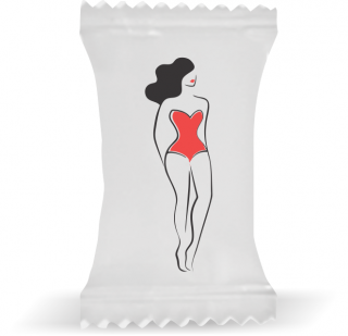 Balas de Brinde Modelo Uma Mulher Fundo Branco Duras com Sabor de Frutas - Balinhas Personalizadas
