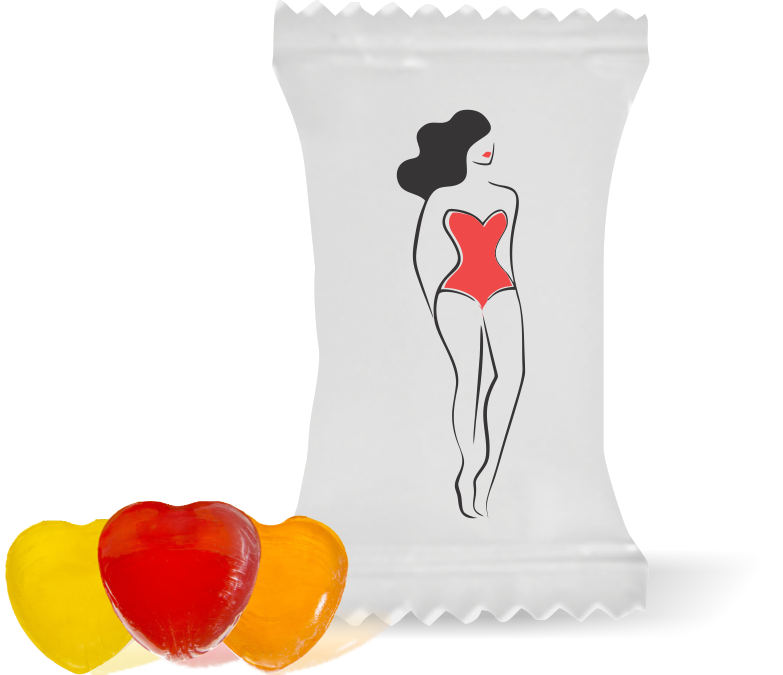 Balas de Brinde Modelo Uma Mulher Fundo Branco Duras com Sabor de Frutas - Balinhas Personalizadas