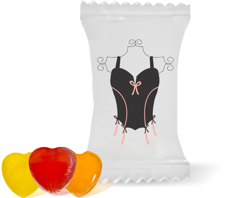 Balas de Brinde Modelo Corselet Fundo Branco Duras com Sabor de Frutas - Balinhas Personalizadas