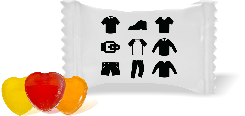 Balas de Brinde Modelo Roupas Fundo Branco Duras com Sabor de Frutas - Balinhas Personalizadas