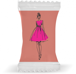 Balas de Brinde Modelo Mulher de Vestido Fundo Rosa Duras com Sabor de Frutas - Balinhas Personalizadas