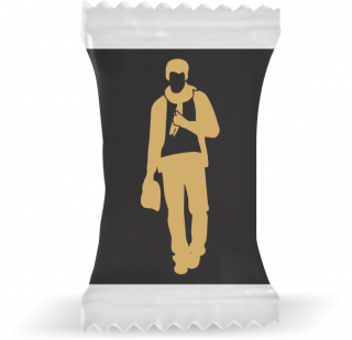 Balas de Brinde Modelo Homem Elegante Fundo Preto Duras com Sabor de Frutas - Balinhas Personalizadas