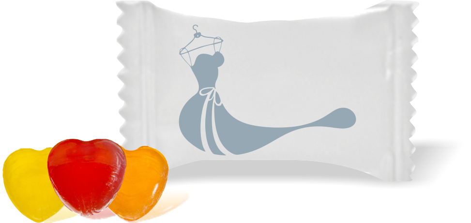 Balas de Brinde Modelo Vestido Longo Fundo Branco Duras com Sabor de Frutas - Balinhas Personalizadas