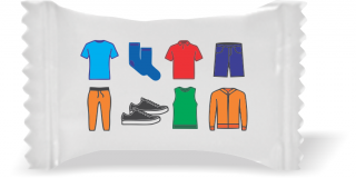 Balas de Brinde Modelo Roupas Coloridas Fundo Branco Duras com Sabor de Frutas - Balinhas Personalizadas